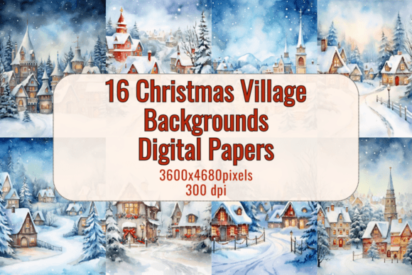 16 Watercolor Christmas Town Backgrounds for Festive Design